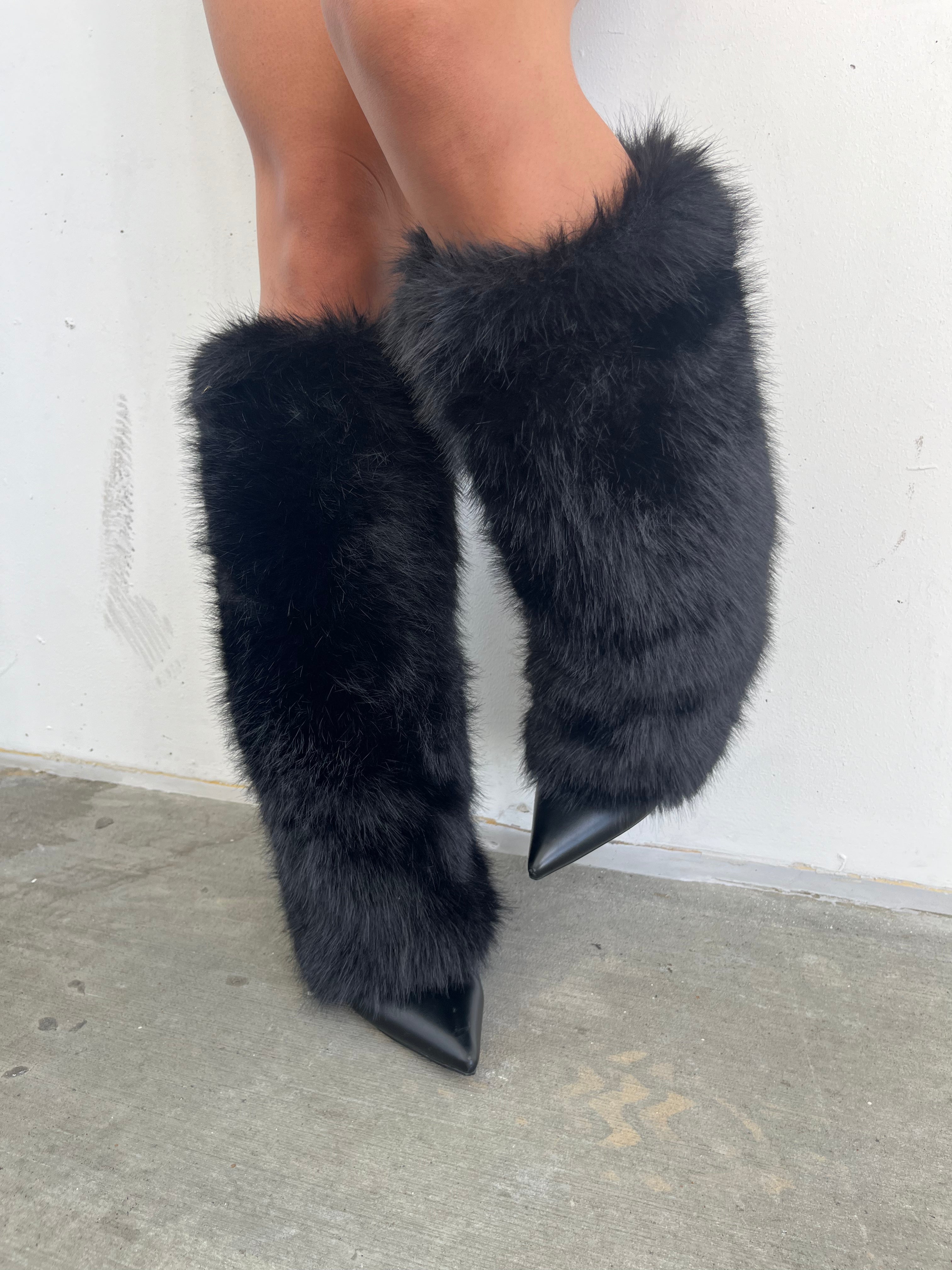 Fur High Heel Boots Black