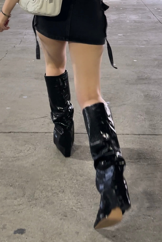Leather High heel Boots Black Crocodile