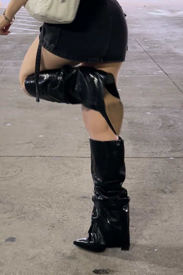 Leather High heel Boots Black Crocodile