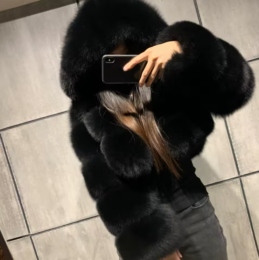 Cropped Fur Zip Up Black