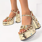 Gold Bejeweled Metallic Platforms