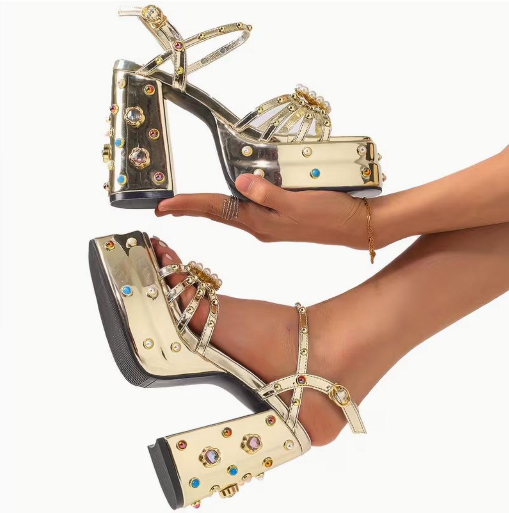 Gold Bejeweled Metallic Platforms