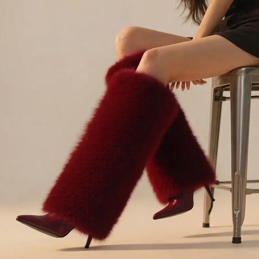 Fur High Heel Boot Deep Red