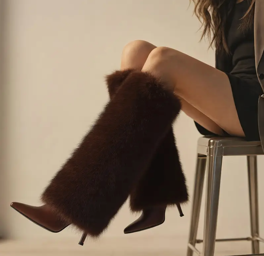 Fur High Heel Boots Brown