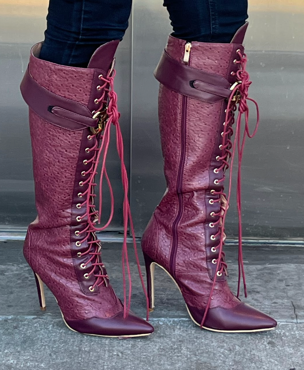 Leather High Heel Boots Mauve Gold
