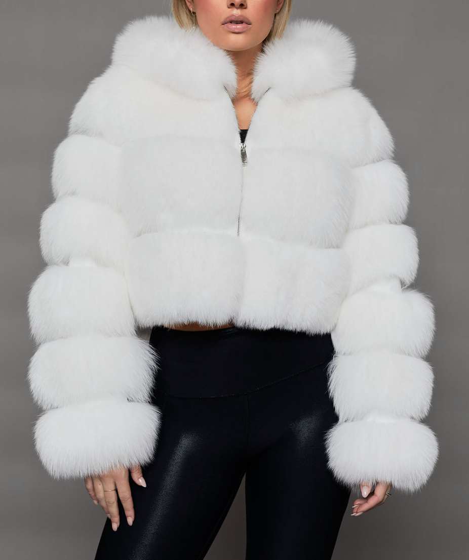 Cropped Fur Zip Up White
